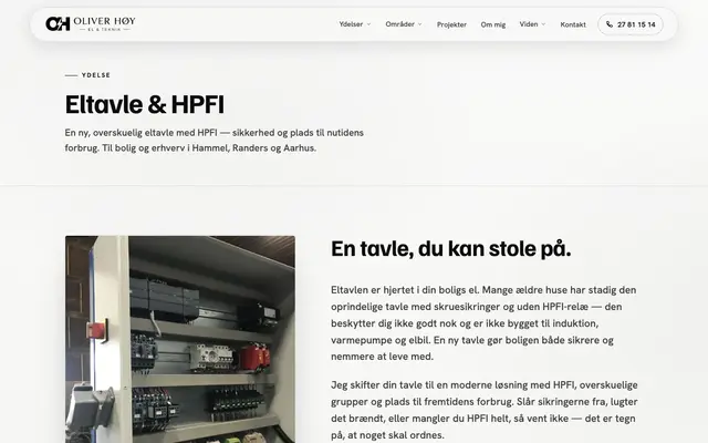 Siden el-tavle og hpfi hos Oliver Høy El & Teknik